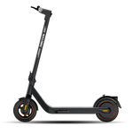 Side view of INMOTION Air Pro electric scooter with sleek black design and orange wheels.