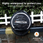 Waterproof black unicycle cover with INMOTION logo on a wet surface