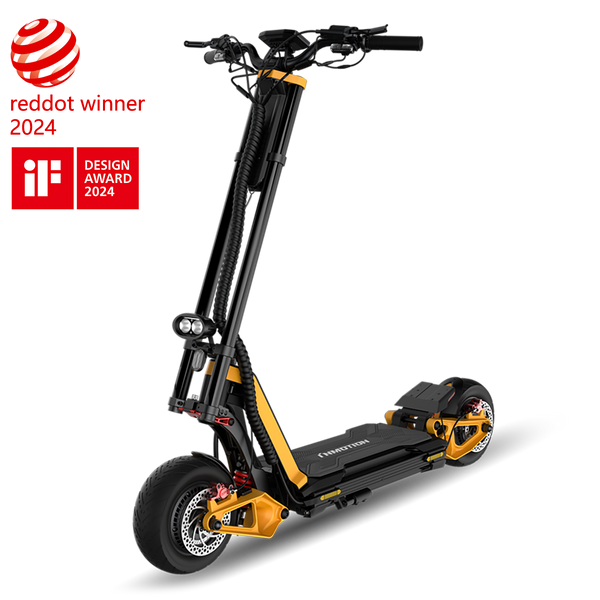 INMOTION RS electric scooter in black and yellow with 2024 iF Design Award emblem
